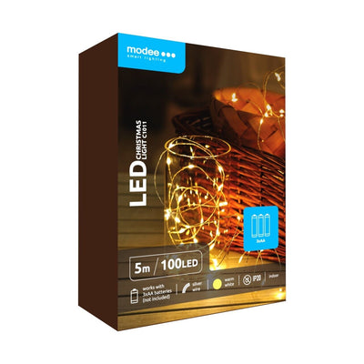 Modee LED Kerst Slingerlicht 100 LEDs 5m Koperdraad Warm Wit 3000K Batterij Werkend IP20 Binnen