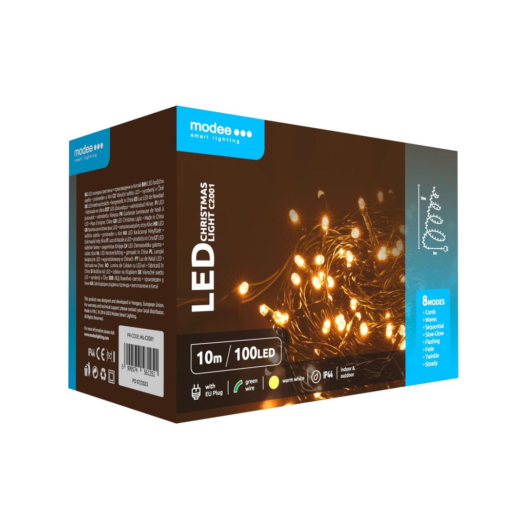 Modee Guirlande Lumineuse LED de Noël 100LED 10m Blanc Chaud 2550K IP44 Fil Vert avec Prise Adaptateur