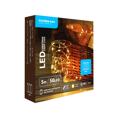 Modee LED kerstverlichting snoer 5m 50LED 3000K warm wit koperdraad batterij aangedreven IP20 voor binnengebruik