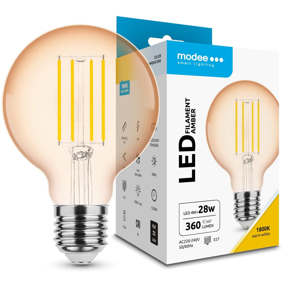 Modee LED Filament Amber Globe G80 4W E27 1800K 360 lumen 320° Glazen Lamp Niet-dimbaar