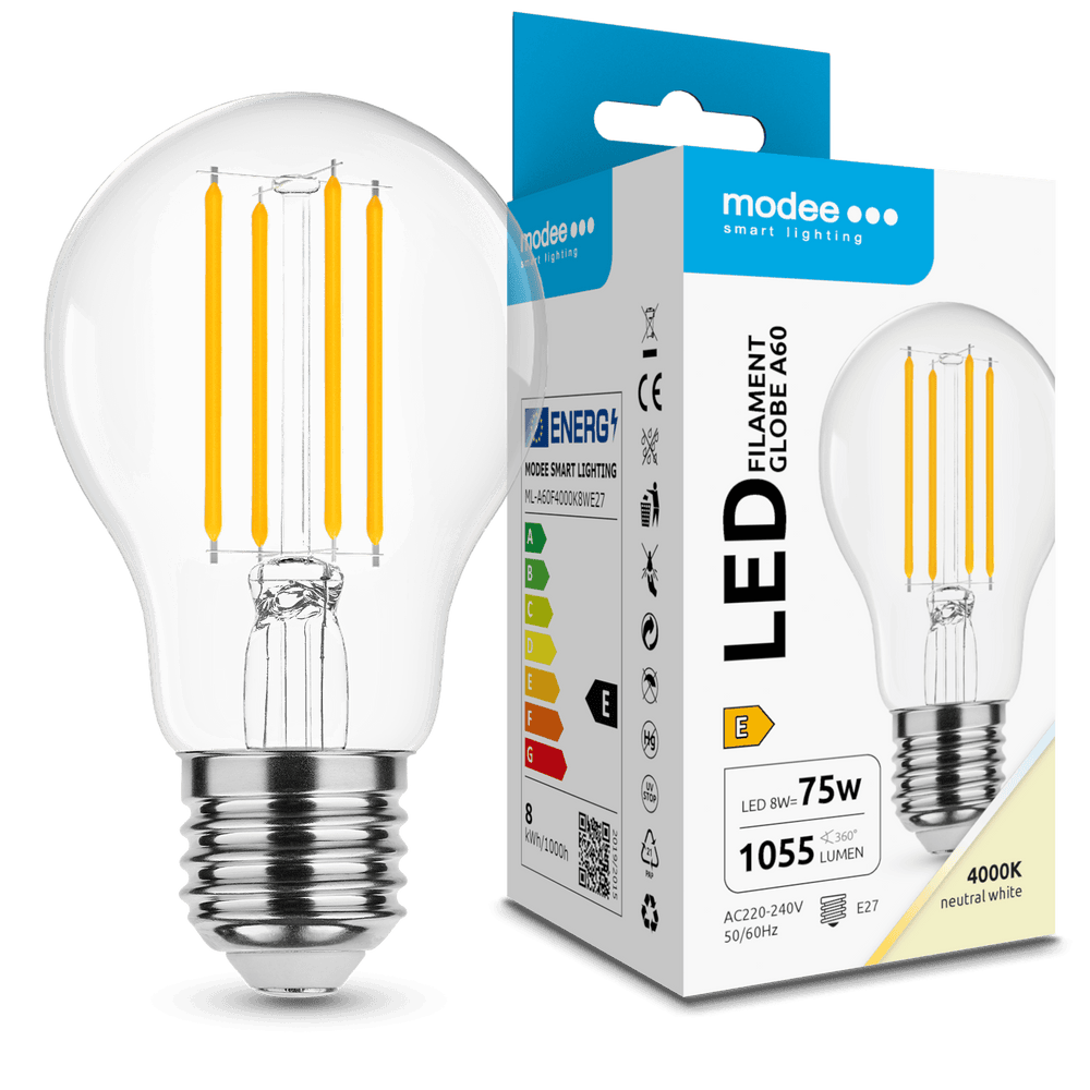 Modee LED Filament Lamp A60 8W E27 4000K 1055 lumen 360° Glazen Bol IP20 Niet Dimbaar