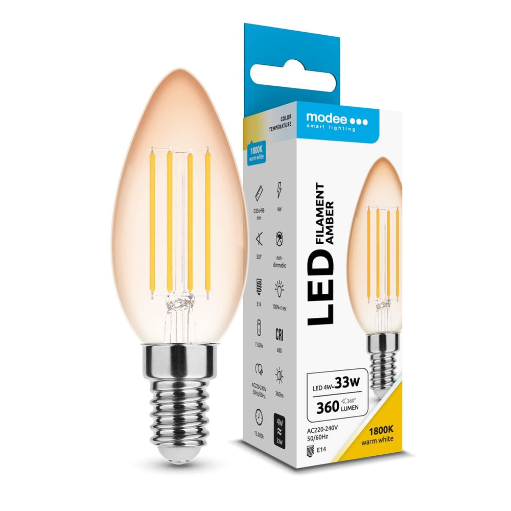Modee LED Filament Kaars C35 4W E14 Amber 1800K 360 lumen 320° Warm Lichtlamp