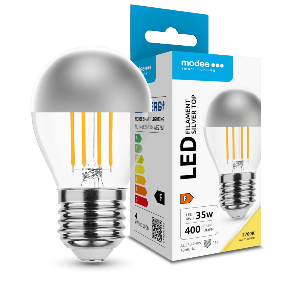 Ampoule Modee LED Filament G45 Mini Globe 4W E27 2700K 400 lumens Top Argent 320° Blanc Chaud