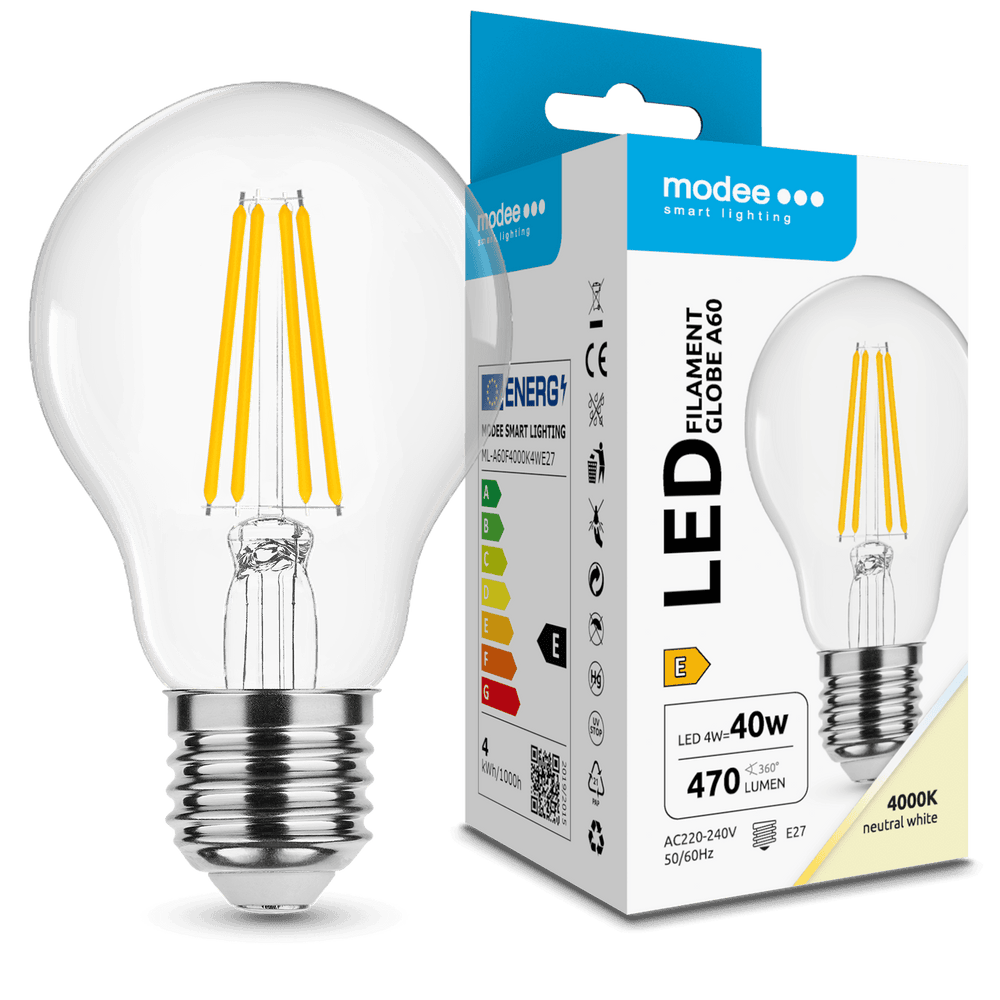 Modee LED Filament Globe A60 4W E27 4000K 470 lumen 360° Glazen Lamp IP20 CRI 80