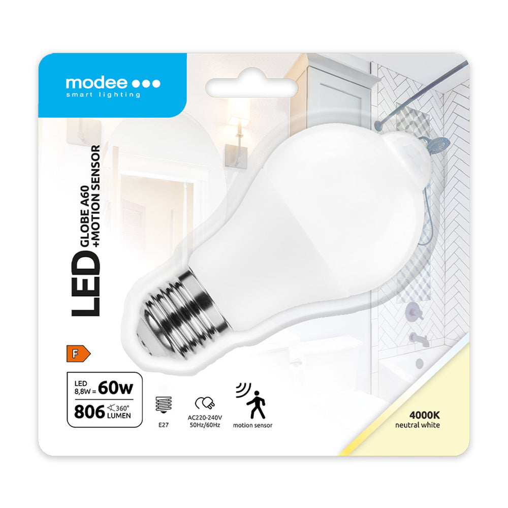 Modee LED Slimme Globe A60 8.8W E27 4000K 806 lumen PIR Sensor lamp 200° bundel IP20
