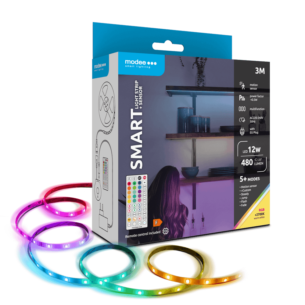 Modee LED Smart Strip 12W 3M IP20 met afstandsbediening, sensor, RGB + 2700K 480 lumen voor flexibele verlichting