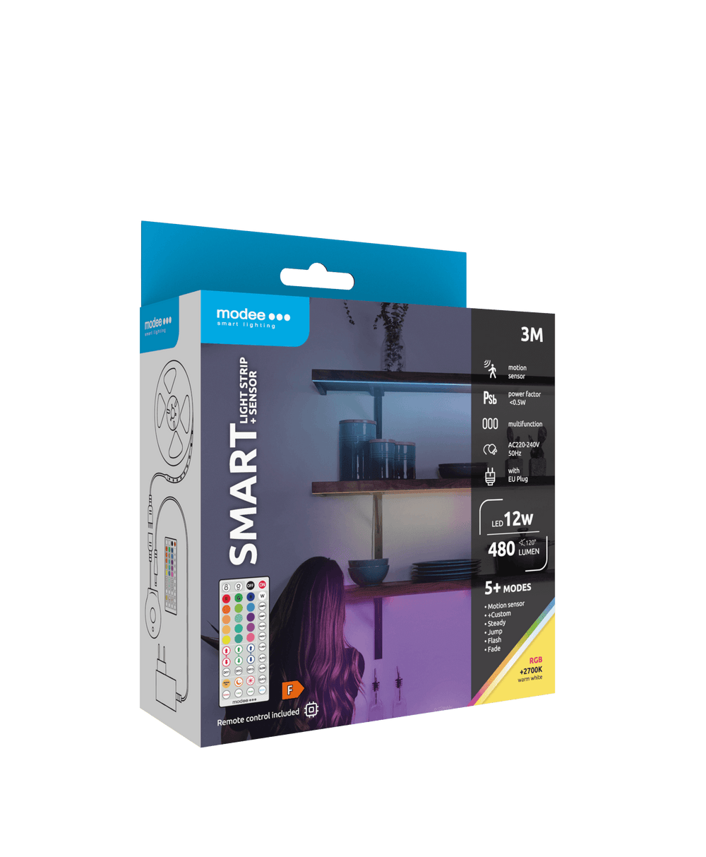 Modee LED Smart Strip 12W 3M IP20 met afstandsbediening, sensor, RGB + 2700K 480 lumen voor flexibele verlichting