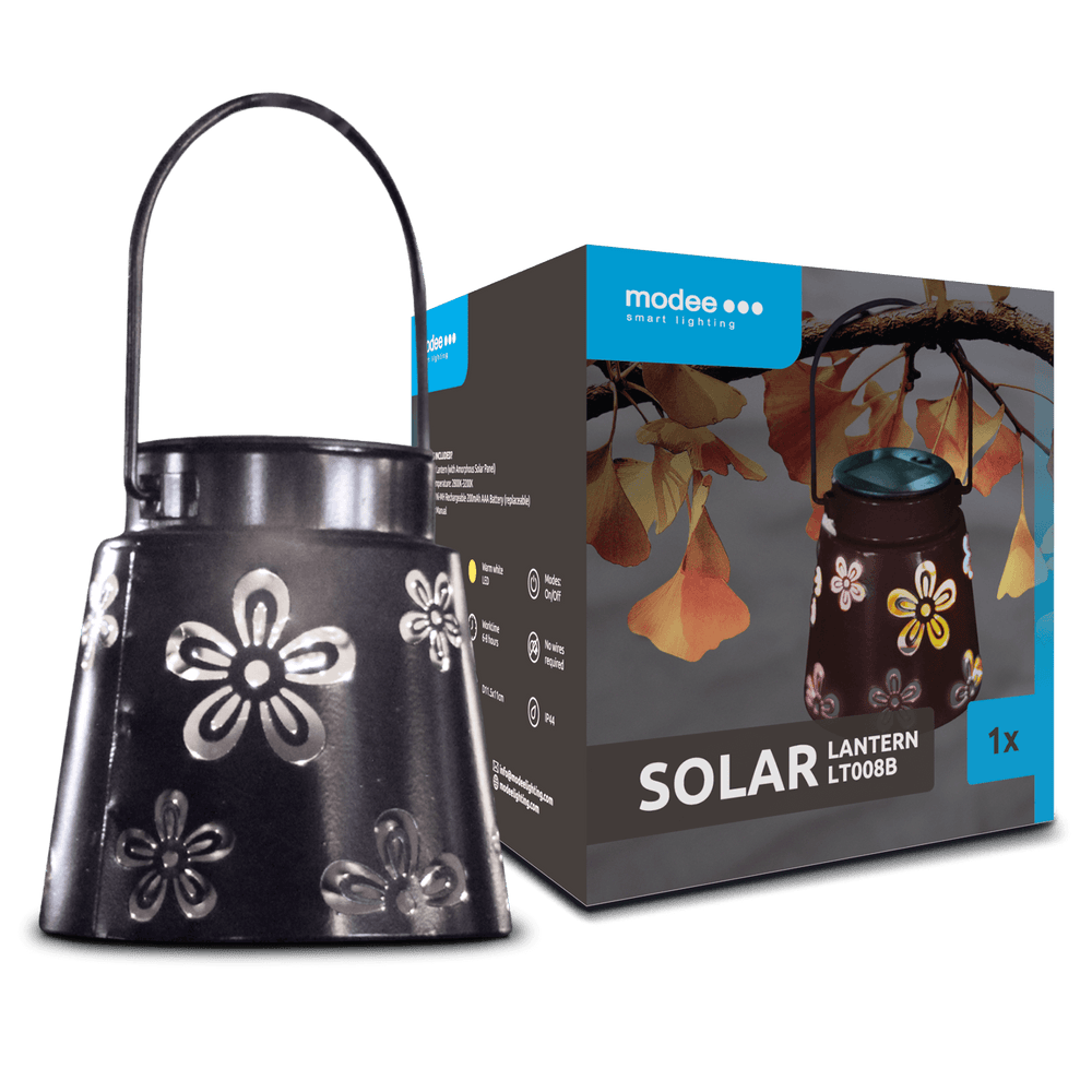 Modee LED Solar Lantaarn LT008, 2800-3200K Warm Wit, IP44 Buiten Metaal Rond Zwart, Oplaadbare Batterij