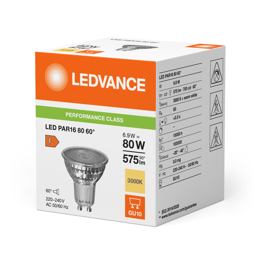 Projecteur LED réflecteur GU10 PAR16 6.9W 575 lumens 60D 3000K Blanc chaud remplace 80W