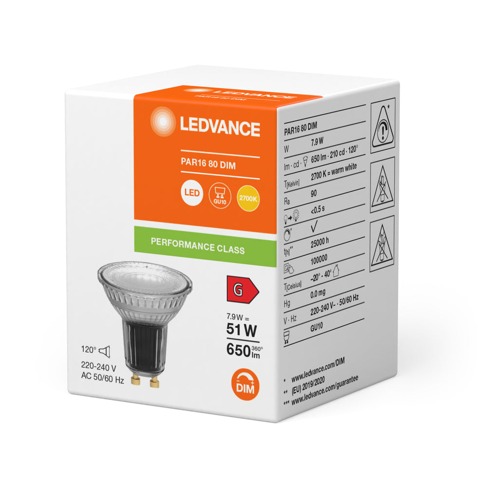 Projecteur LED Performance Réflecteur GU10 PAR16 7,9W 2700K 650 lumens 120D gradable haut IRC remplace 51W
