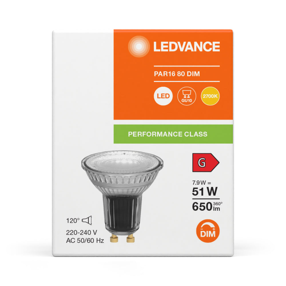 Projecteur LED Performance Réflecteur GU10 PAR16 7,9W 2700K 650 lumens 120D gradable haut IRC remplace 51W