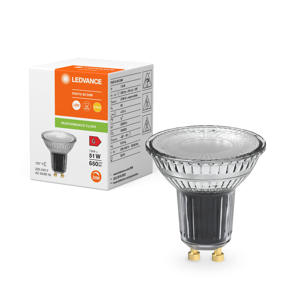 Projecteur LED Performance Réflecteur GU10 PAR16 7,9W 2700K 650 lumens 120D gradable haut IRC remplace 51W