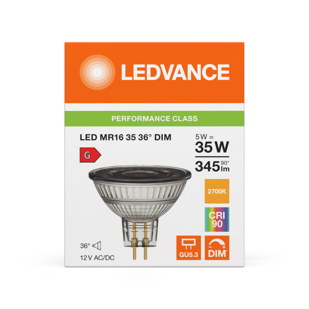Spot LED Performance Réflecteur GU5.3 MR16 5W 345 lumens 2700K gradable 36D remplace 35W