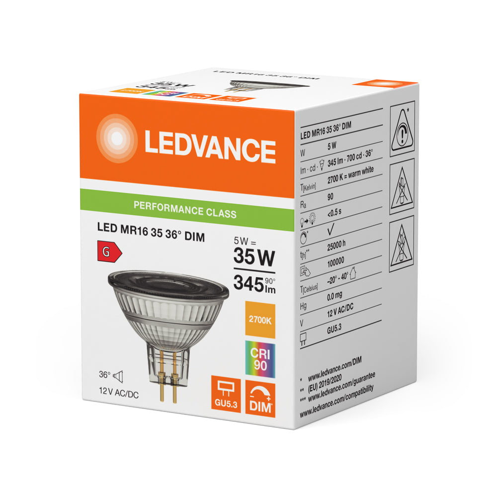 Performance LED Spot Reflector GU5.3 MR16 5W 345 lumen 2700K dimbaar 36D vervangt 35W