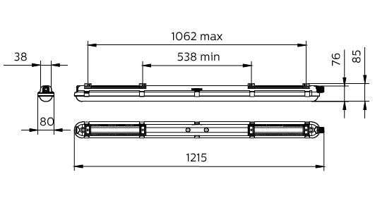 Philips CoreLine WT120C G2 luminaire LED étanche, 30.5W 4000K 4000 lumens, gradable DALI, IP65 IK08, 1215mm Gris