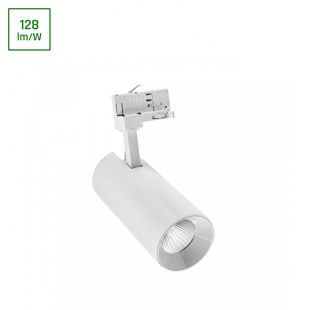 Andromeda COB LED 25W blanc chaud 3000K pour rail 3 phases, angle de faisceau réglable 36-60 degrés, 3200 lumens