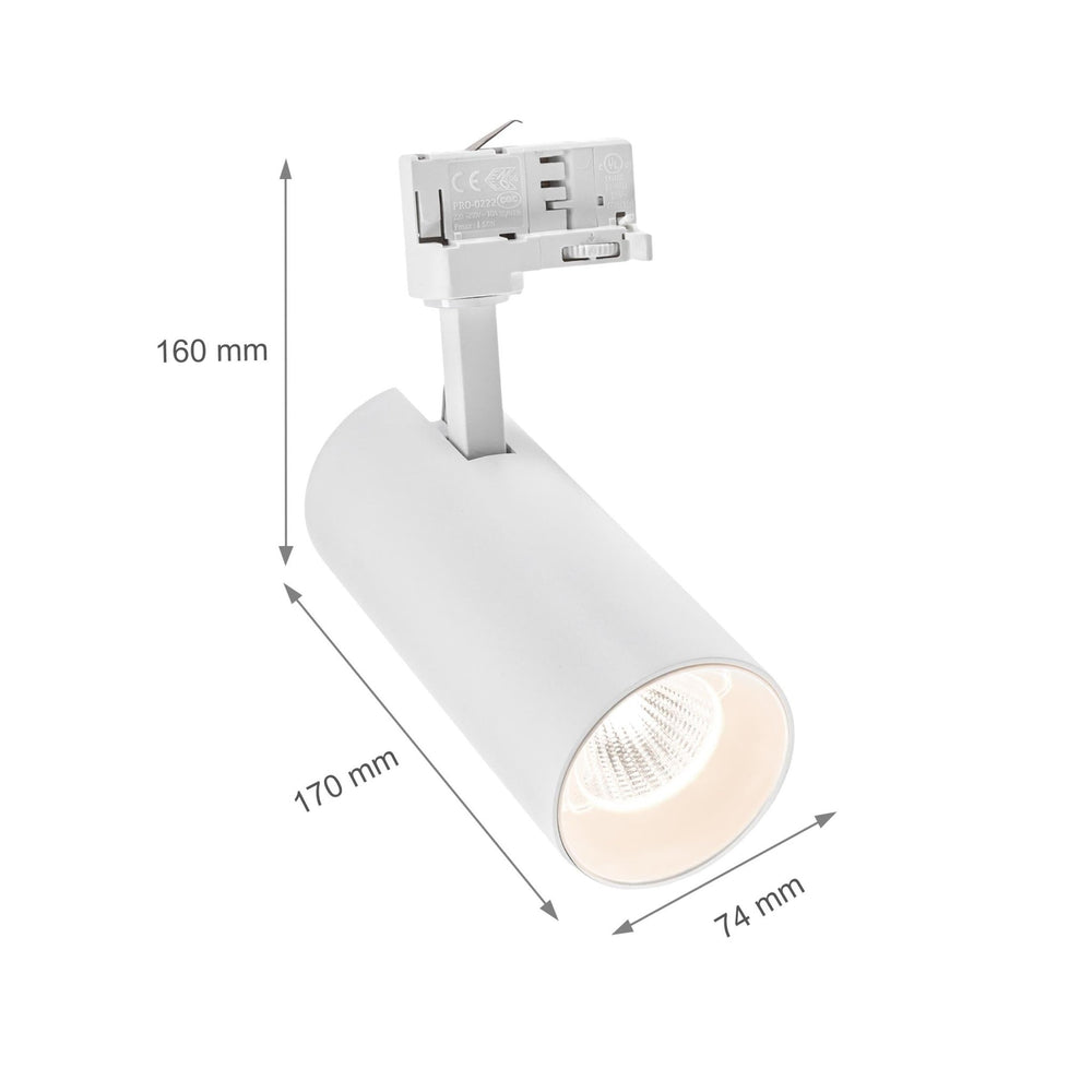Andromeda COB LED 25W blanc chaud 3000K pour rail 3 phases, angle de faisceau réglable 36-60 degrés, 3200 lumens