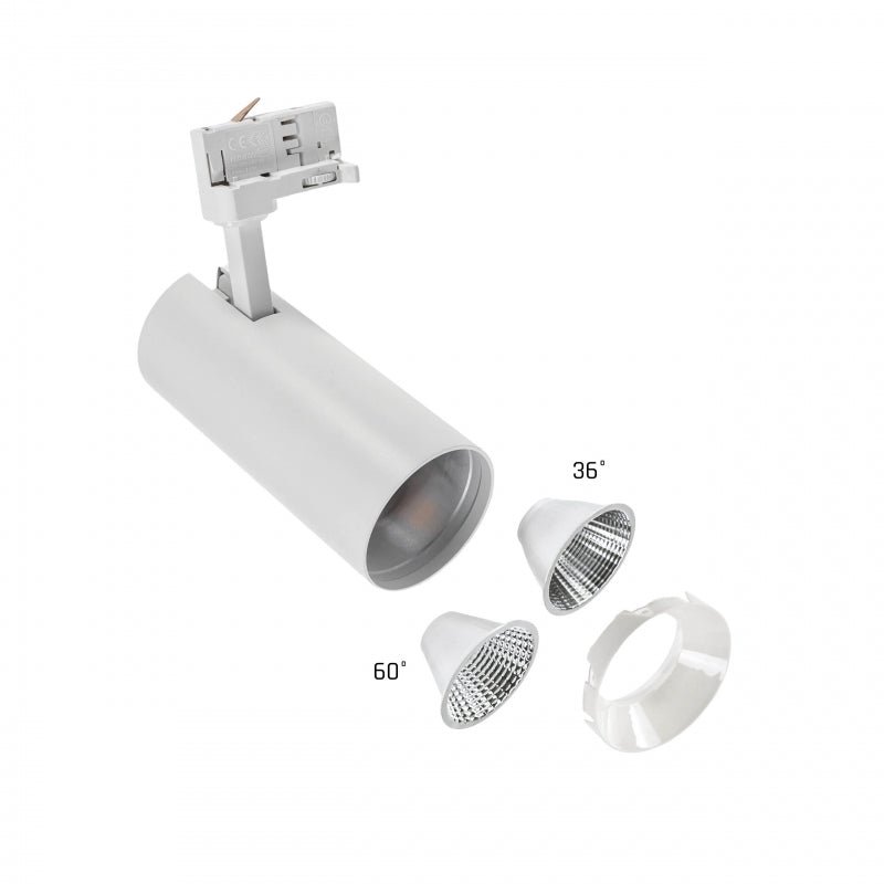 Andromeda COB LED 25W blanc chaud 3000K pour rail 3 phases, angle de faisceau réglable 36-60 degrés, 3200 lumens