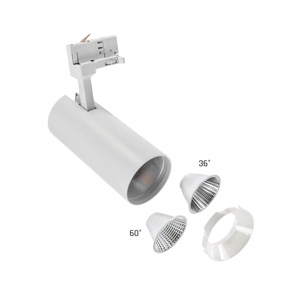 Andromeda COB LED 25W blanc chaud 3000K pour rail 3 phases, angle de faisceau réglable 36-60 degrés, 3200 lumens