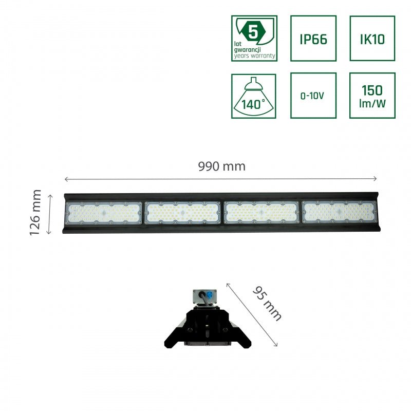 Spectrum Halls Line LED hanglamp 200W zwart, 4000K, 30000 lumen, dimbaar, IP66, 90° hoek, industriële verlichting