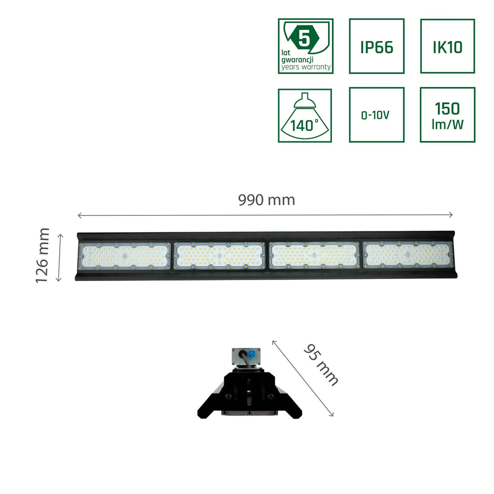 Spectrum Halls Line LED hanglamp 200W zwart, 4000K, 30000 lumen, dimbaar, IP66, 90° hoek, industriële verlichting