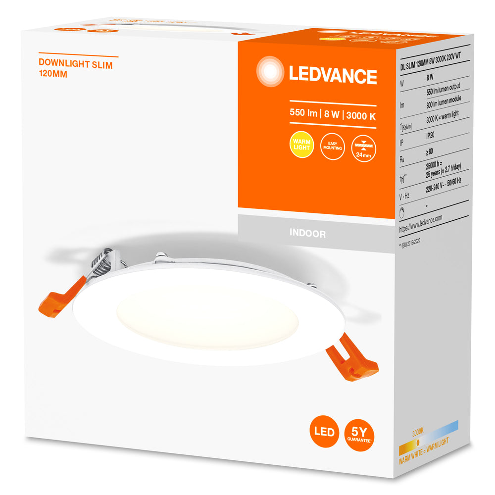 Spot LED encastré slim 8W 550 lumens 3000K Blanc chaud 110° Rond Découpe 105mm Finition blanche
