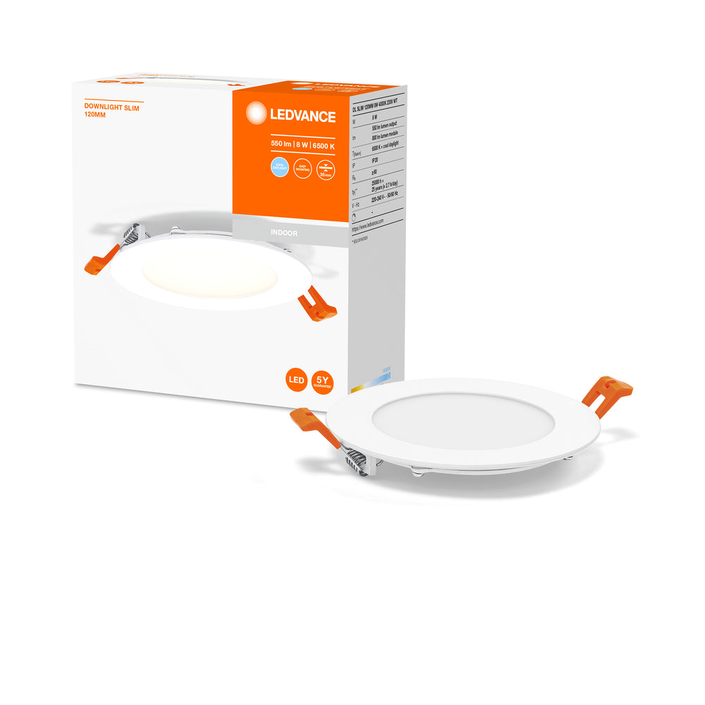 Spot LED Encastré Slim Blanc 8W 550 lumens 6500K 110° découpe 105mm rebord 120mm
