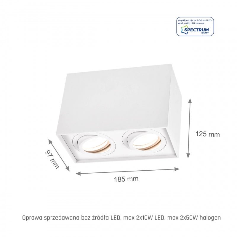 Spot GU10 réglable Spectrum rectangulaire blanc, IP20 intérieur, boîtier en aluminium, 250V, durée de vie de 17000h