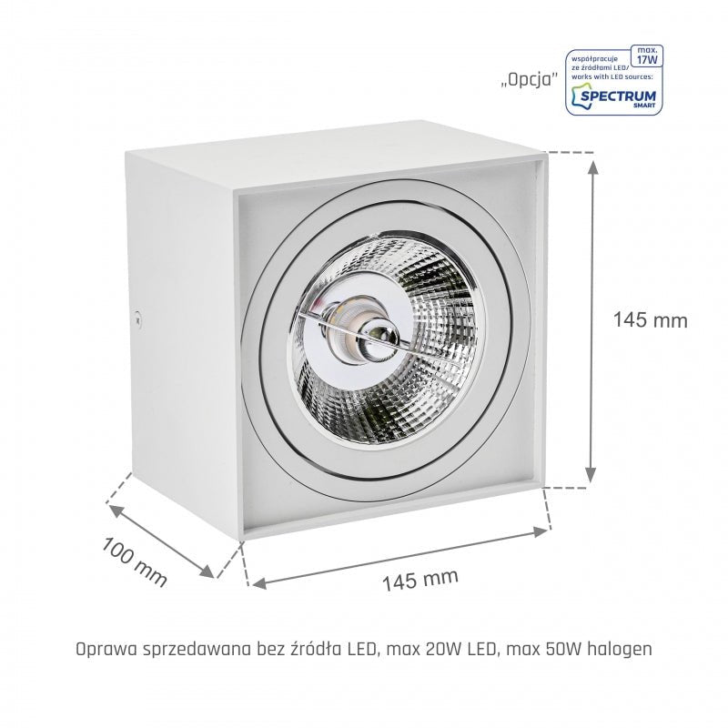 Spot LED carré Spectrum CHLOE AR111 GU10, IP20, blanc, boîtier en aluminium, 250V, usage intérieur, longue durée de vie