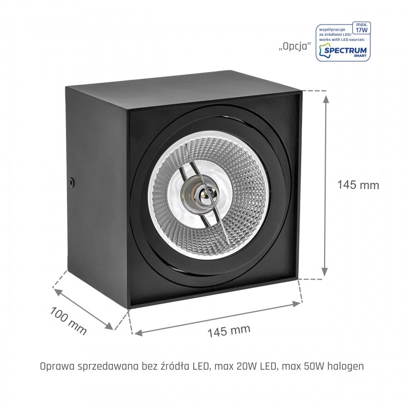 Spectrum chloe AR111 GU10 spot LED noir 4000K carré IP20 - montage plafond aluminium