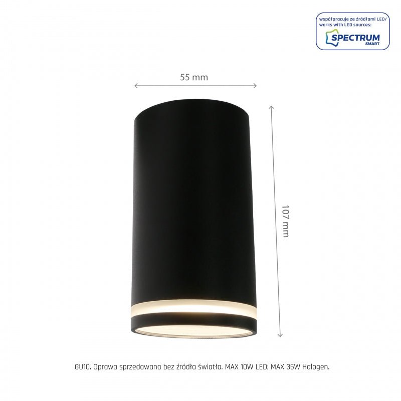 Spot encastré LED 230V GU10 Chloe ring noir Spectrum - IP20, boîtier en aluminium, montage en surface