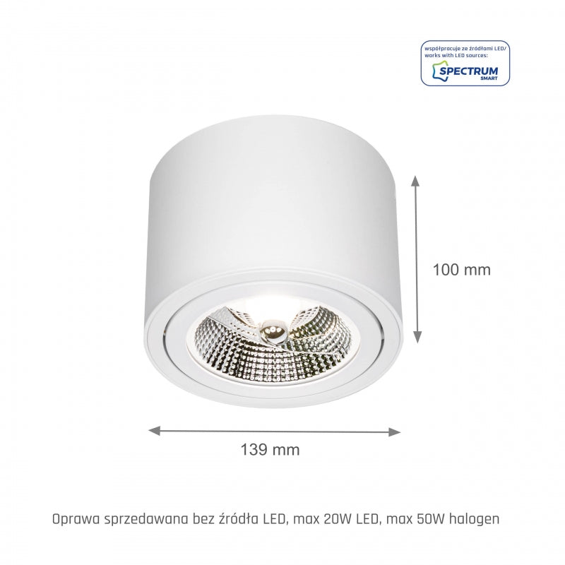 Spectrum CHLOE AR111 GU10 Plafonnier LED, Rond Blanc Orientable, Montage en Saillie, IP20 20W Max