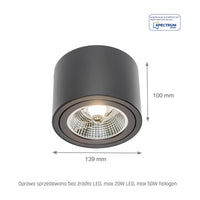 Plafonnier LED Spectrum CHLOE AR111 GU10, IP20, rond orientable boîtier en aluminium noir, 20W max 250V