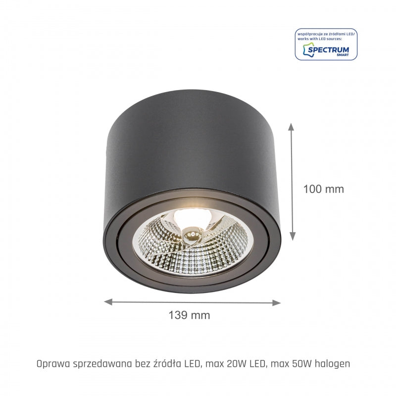Plafonnier LED Spectrum CHLOE AR111 GU10, IP20, rond orientable boîtier en aluminium noir, 20W max 250V