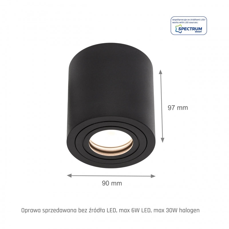 Plafonnier en saillie Spectrum CHLOE GU10, IP65 Boîtier rond en aluminium noir, 250V, 6W Max