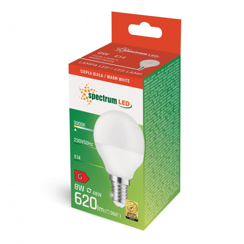 Spectrum LED Bol G45 E14 8W 230V 3000K Warm Wit lamp 710 lumen 160° bundel niet dimbaar