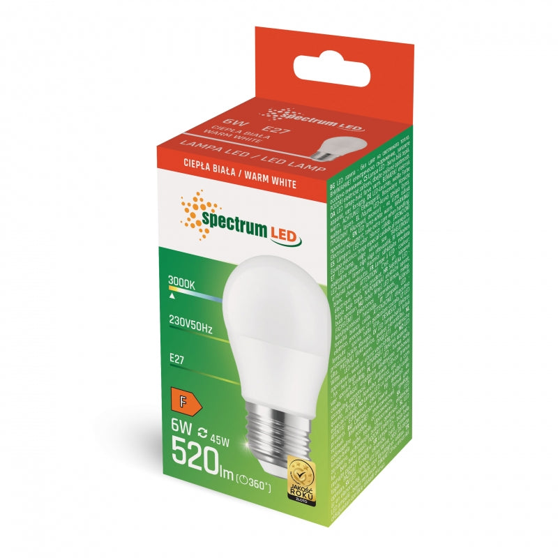 Spectrum LED Kogellamp G45 E27 6W 3000K Warm Wit 520 lumen 230V niet-dimbare binnenlamp