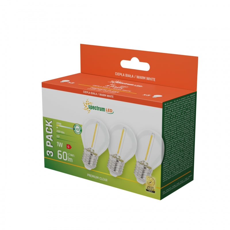 Ampoule LED Spectrum E27 1W 230V 2700K Blanc Chaud Verre Transparent 60 lumens Faisceau 300° Lot de 3
