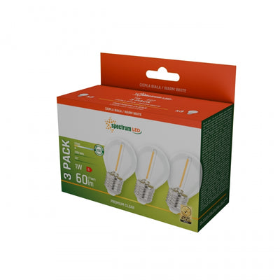 Ampoule LED Spectrum E27 1W 230V 2700K Blanc Chaud Verre Transparent 60 lumens Faisceau 300° Lot de 3