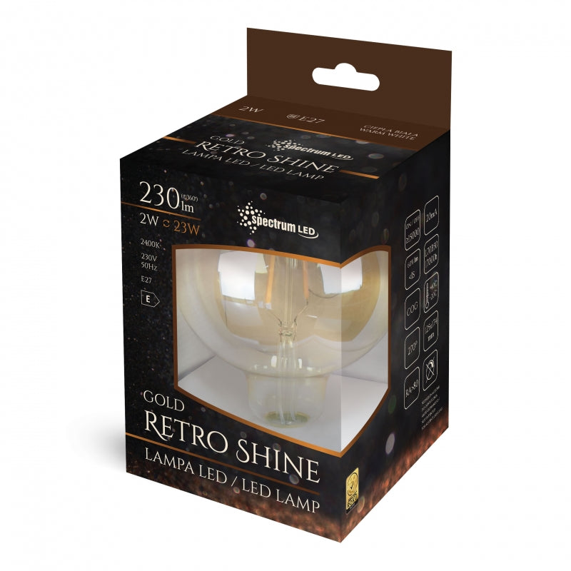 Globe LED Spectrum G125 E27 2W 230V 2400K Blanc Chaud Retroshine filament COG 230 lumens non gradable