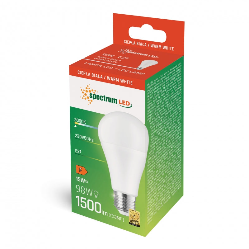 Spectrum LED GLS Lamp E27 15W 230V 3000K Warm Wit 1500 lumen 270° stralingshoek niet dimbaar