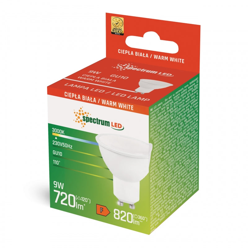 Spectrum LED GU10 lamp 230V 9W 3000K Warm Wit 820 lumen niet dimbaar met melkglas kap Wit