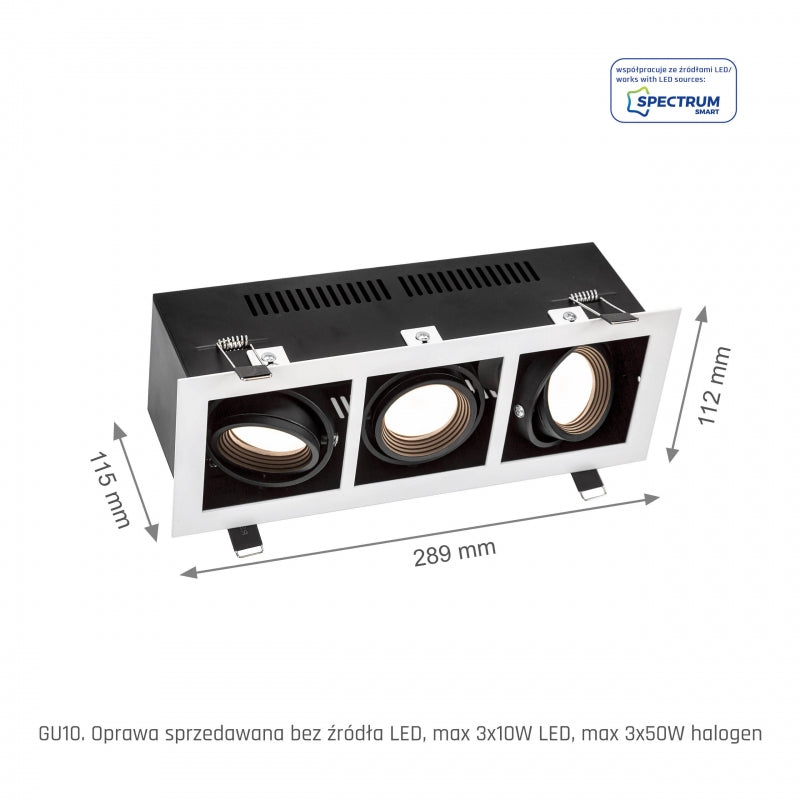 Spectrum LED inbouwframe voor 3x GU10, Wit aluminium behuizing, 3x10W max, 250V, IP20 binnenverlichting