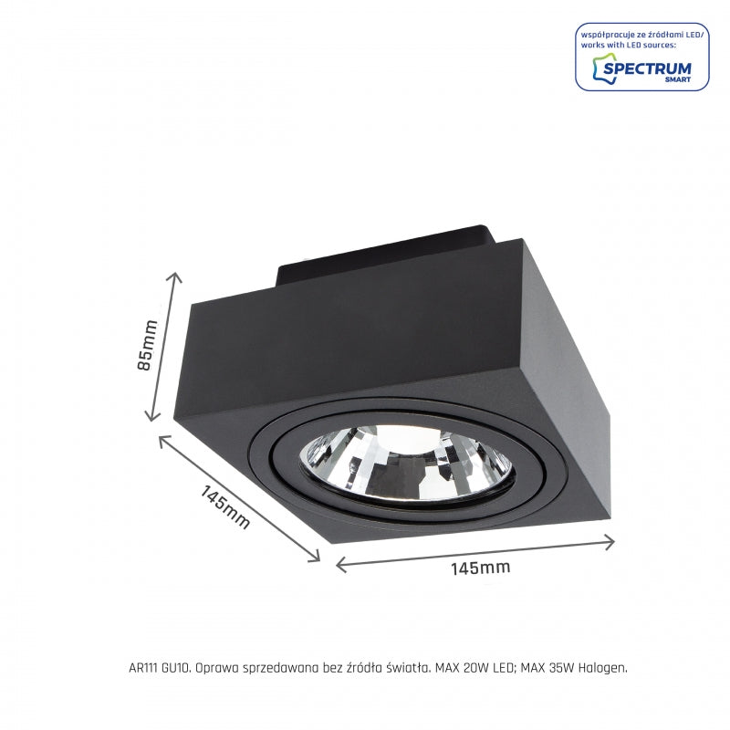 Spectrum MIRORA AR111 GU10 opbouw LED spot Zwart verstelbaar 20W 250V IP20 145x145x85mm