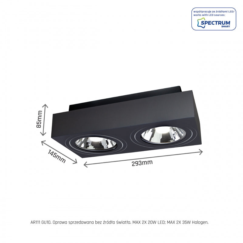 Spectrum MIRORA AR111 GU10 opbouwspot, 2x20W LED, 250V IP20, zwart verstelbare rechthoekige plafondmontage
