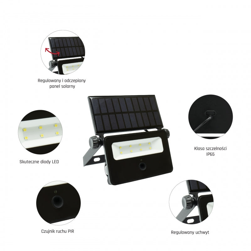 Projecteur LED Spectrum NOCTIS SOLARIS MINI 2W 6000K 200 lumens IP65 Noir avec détecteur de mouvement PIR à énergie solaire