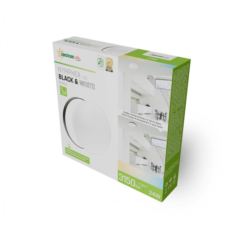 Plafonnier LED Spectrum NYMPHEA 24W CCT 230V 3150 lumens 115° IP54 CRI 80 Blanc Noir Rond Encastré en surface