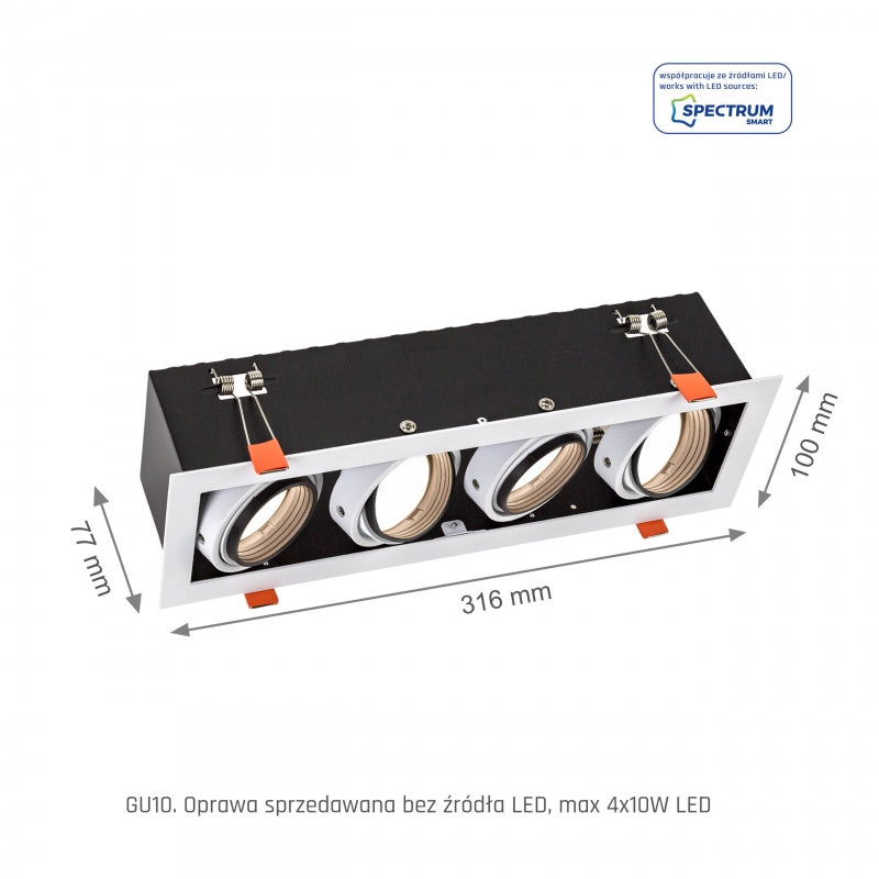 Spectrum inbouw LED GU10 x4 frame, 4x10W, 250V, IP20, Witte aluminium behuizing voor binnenverlichting
