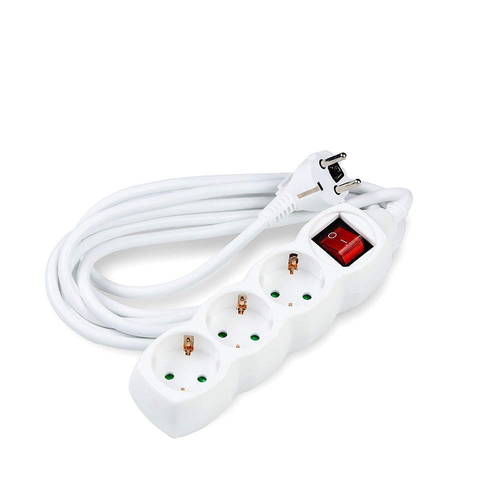 Technik 3-weg stekkerdoos met 5m 1.5mm² koperen kabel, schakelaar, wit, 16A 250V