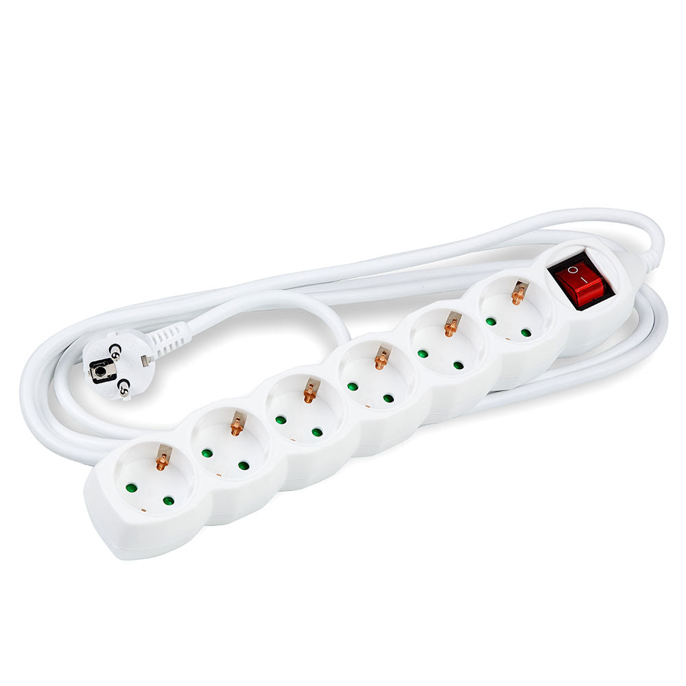 Technik 6-voudige stekkerdoos met 5m 1.5mm² koperen kabel, schakelaar, kinderbeveiliging, Wit 16A